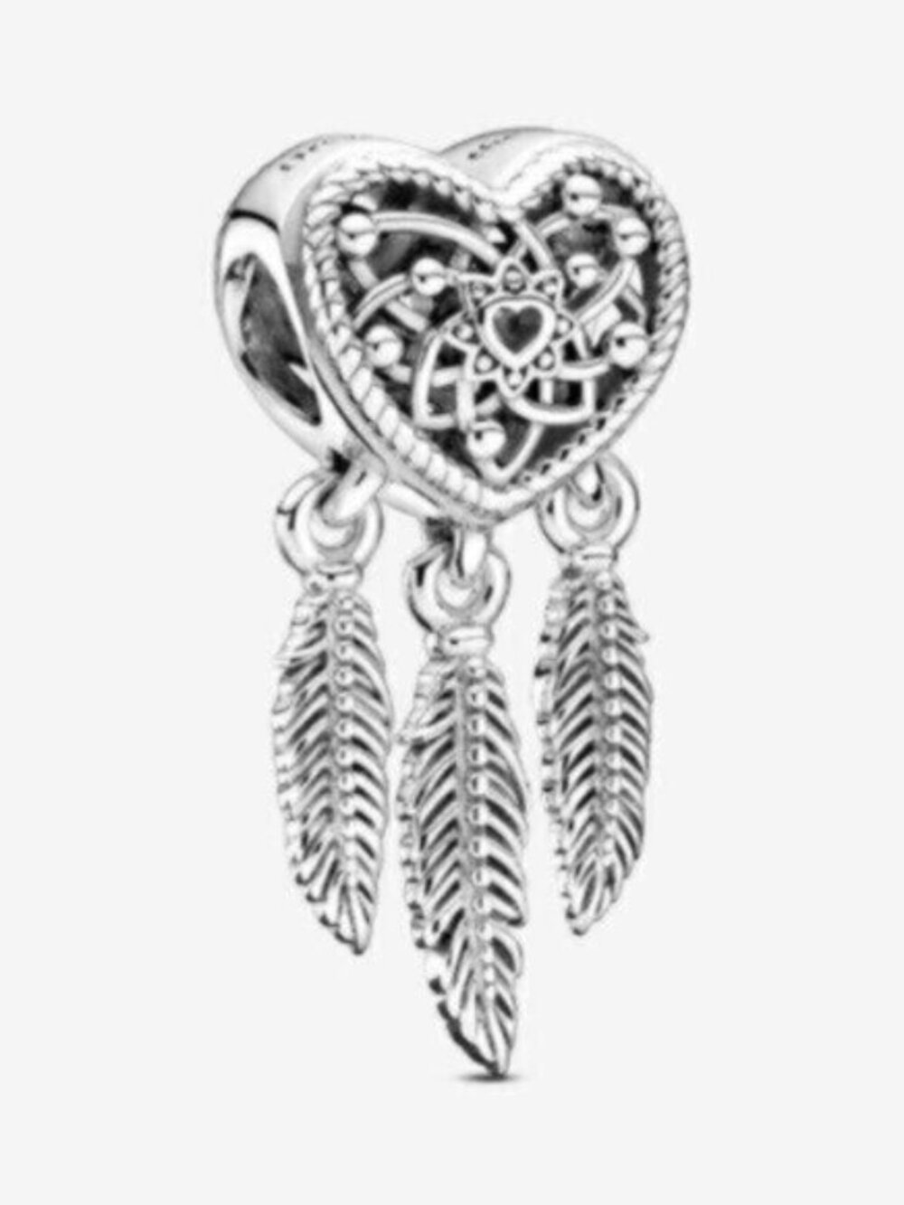 Pandora Silver Heart Dreamcatcher Dangle Charm with Feathers
